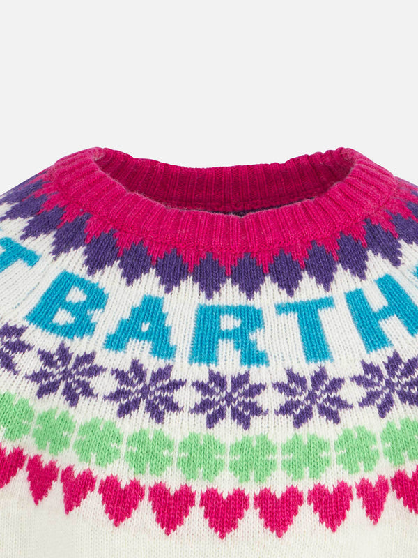 Weißer Mädchenpullover mit Rundhalsausschnitt und Fair-Isle-Herzdruck