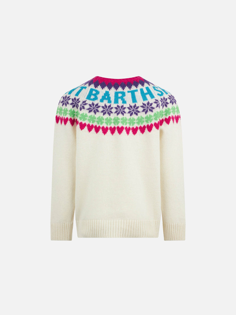 Weißer Mädchenpullover mit Rundhalsausschnitt und Fair-Isle-Herzdruck