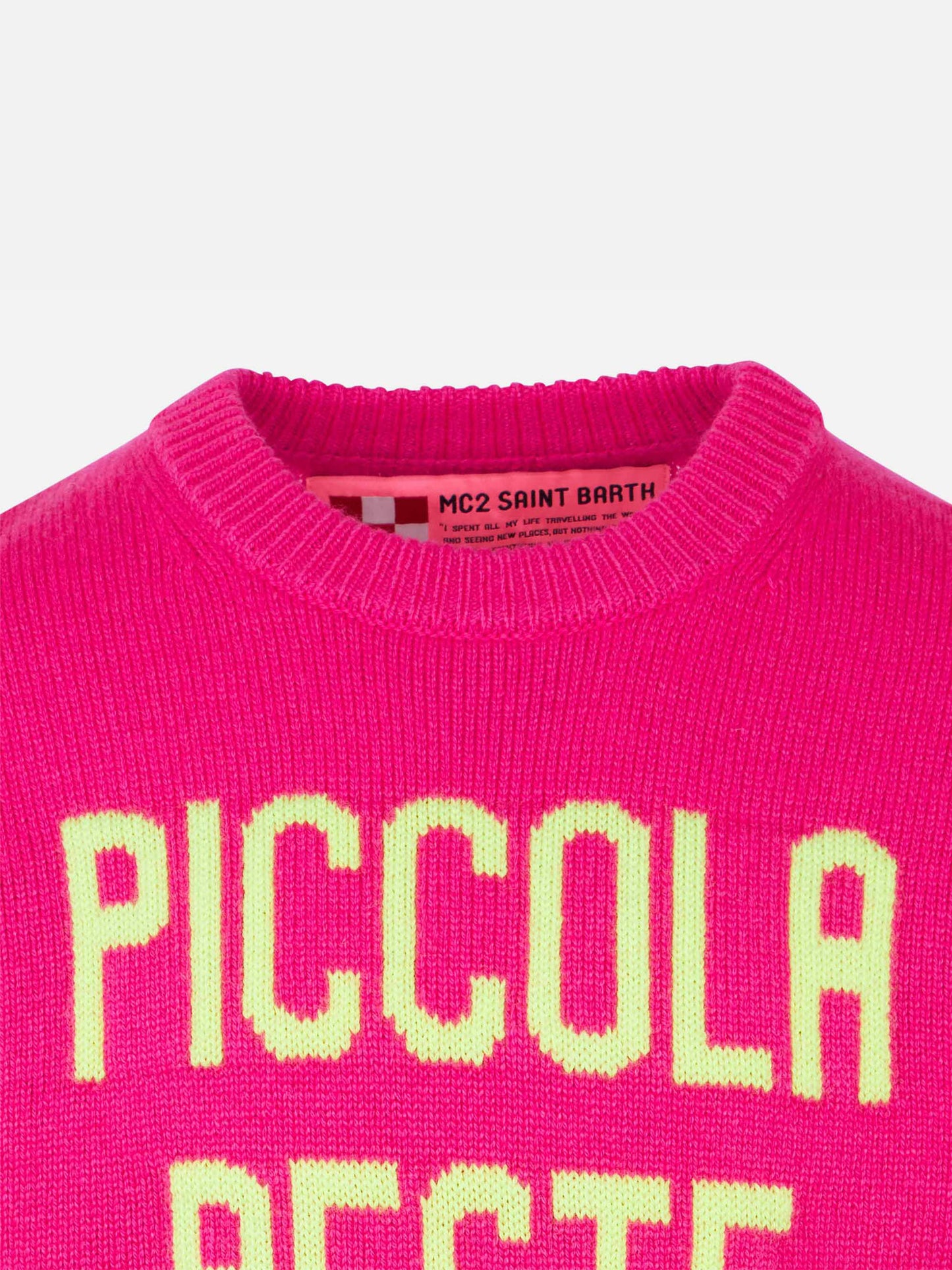 Maglione rosa fluo da bambina ricamo Piccola Peste giallo fluo