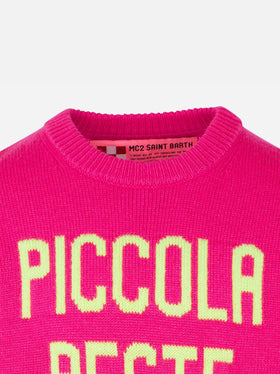 Maglione rosa fluo da bambina ricamo Piccola Peste giallo fluo