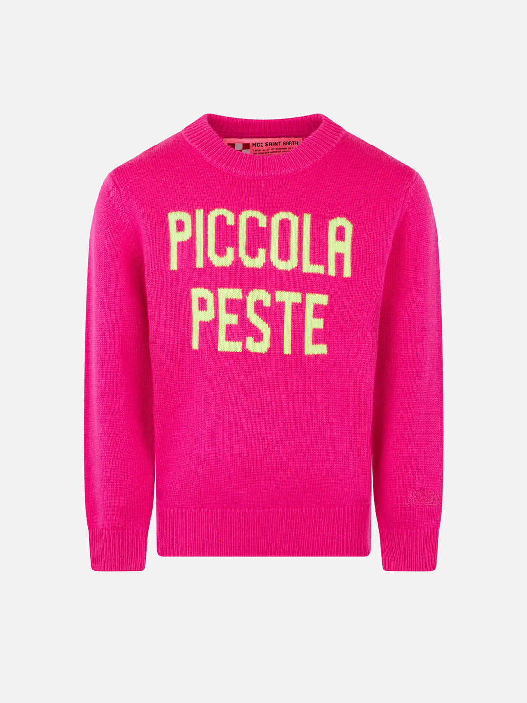 Maglione rosa fluo da bambina ricamo Piccola Peste giallo fluo