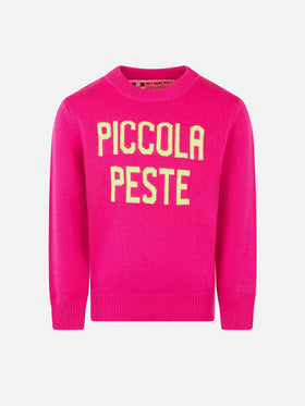 Maglione rosa fluo da bambina ricamo Piccola Peste giallo fluo