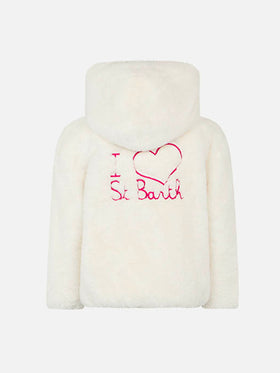 Girl furry white jacket with I Love St. Barth embroidery