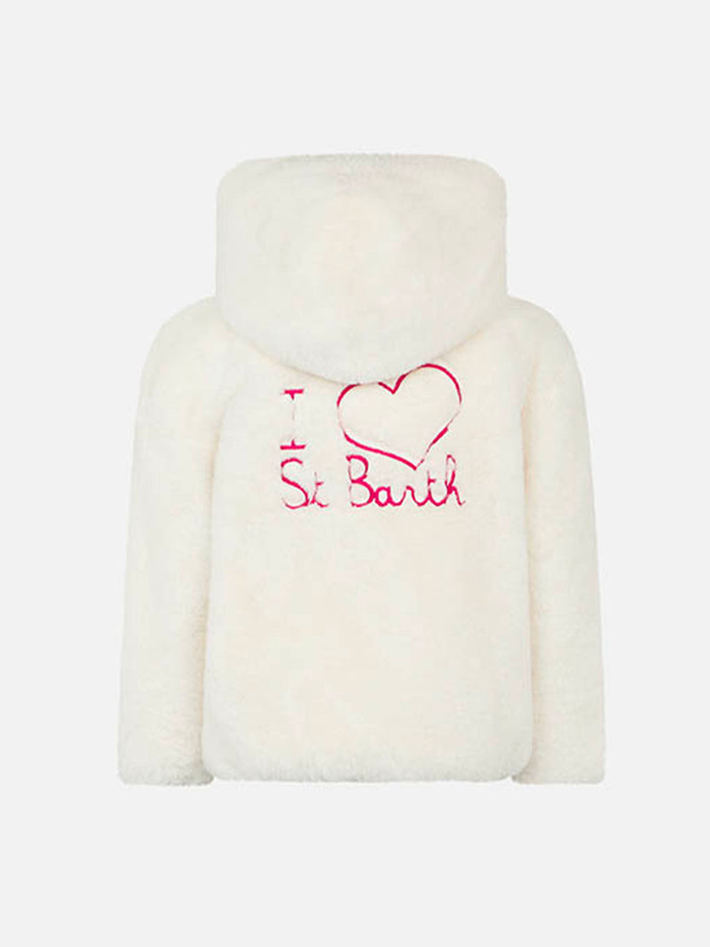 Girl furry white jacket with I Love St. Barth embroidery