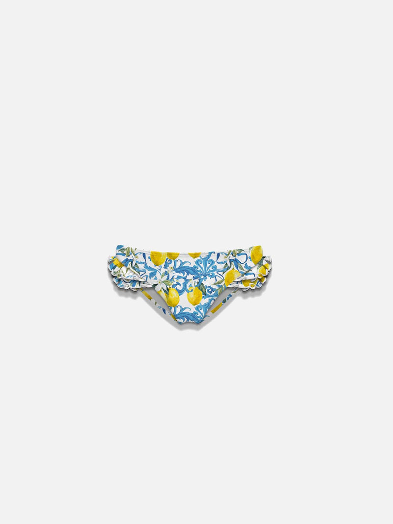 Girl ruffled swim briefs with baroque print