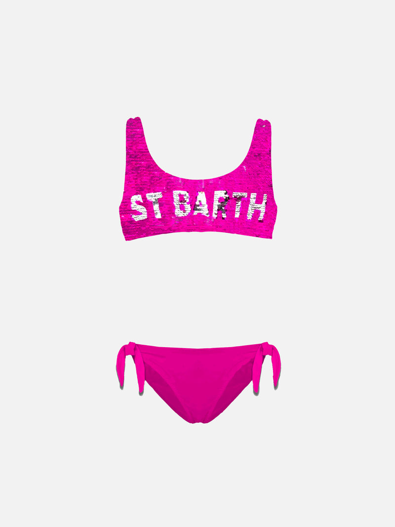 Bikini a bralette per bambina in paillettes fucsia con logo argento