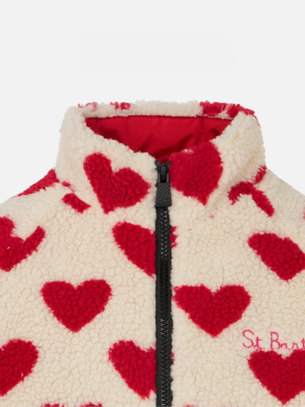 Girl sherpa jacket with hearts print