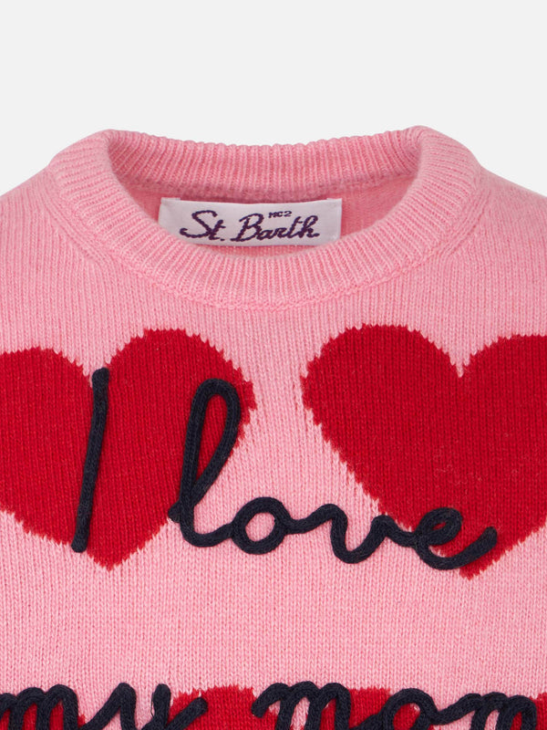 Mädchenpullover mit Herzaufdruck und „I Love my Mom“-Stickerei