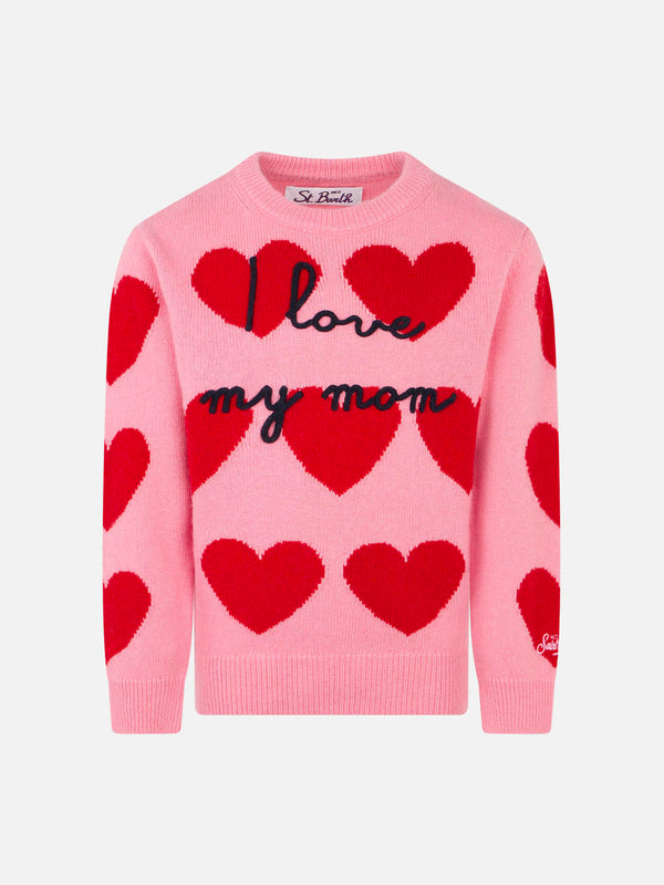 Mädchenpullover mit Herzaufdruck und „I Love my Mom“-Stickerei