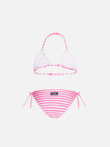 Bikini da bambina a triangolo con righe rosa fluo