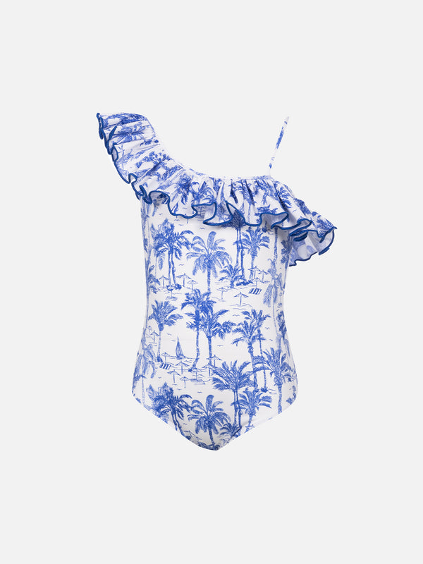 Girl ruffled one piece Carin swimsuit with toile de jouy print