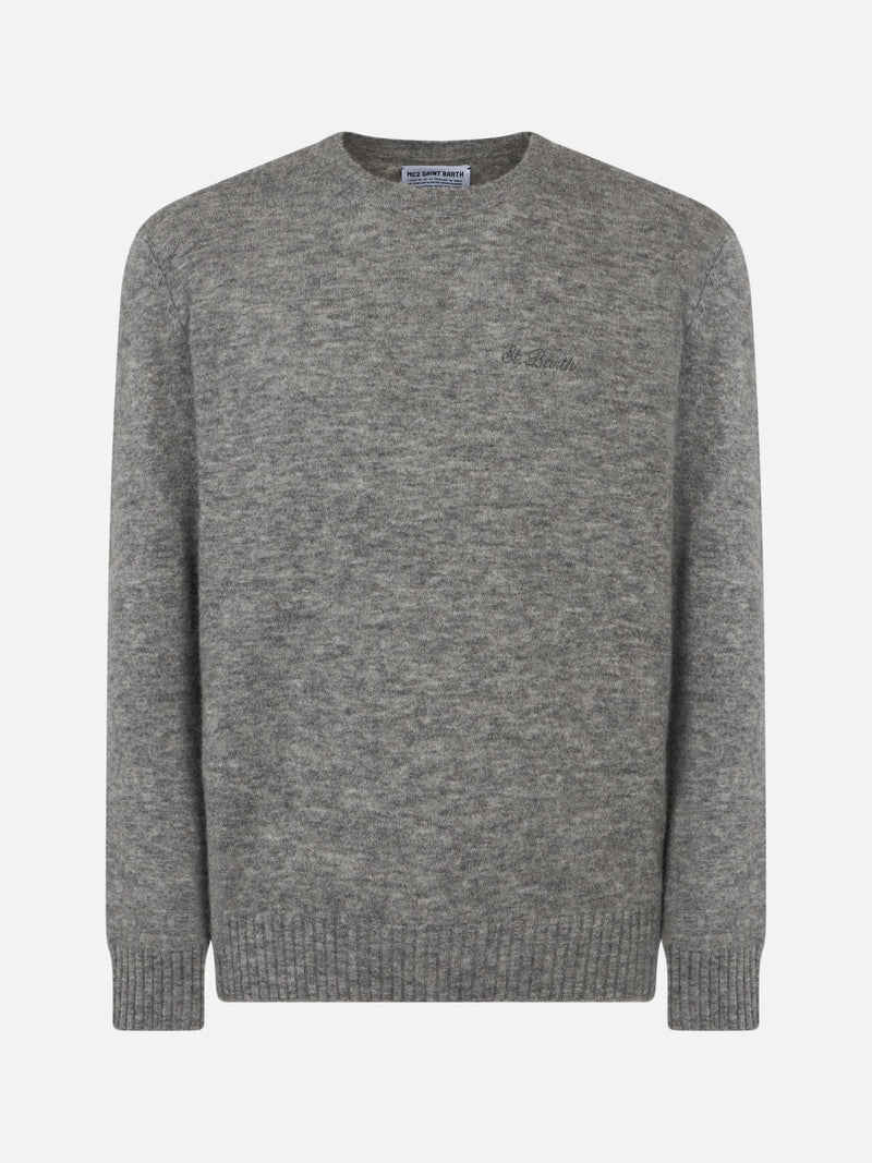 Man grey mélange stretch wool sweater with St. Barth embroidery