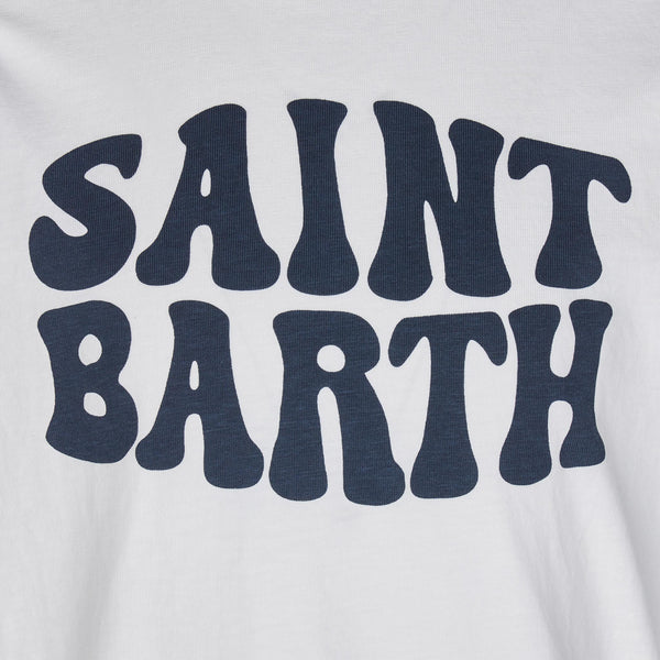 T-shirt bianca da bambino in cotone con stampa Groovy Saint Barth blu