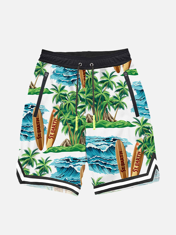 Jungen-Badeshorts im Surf-Stil mit hawaiianischem Aufdruck