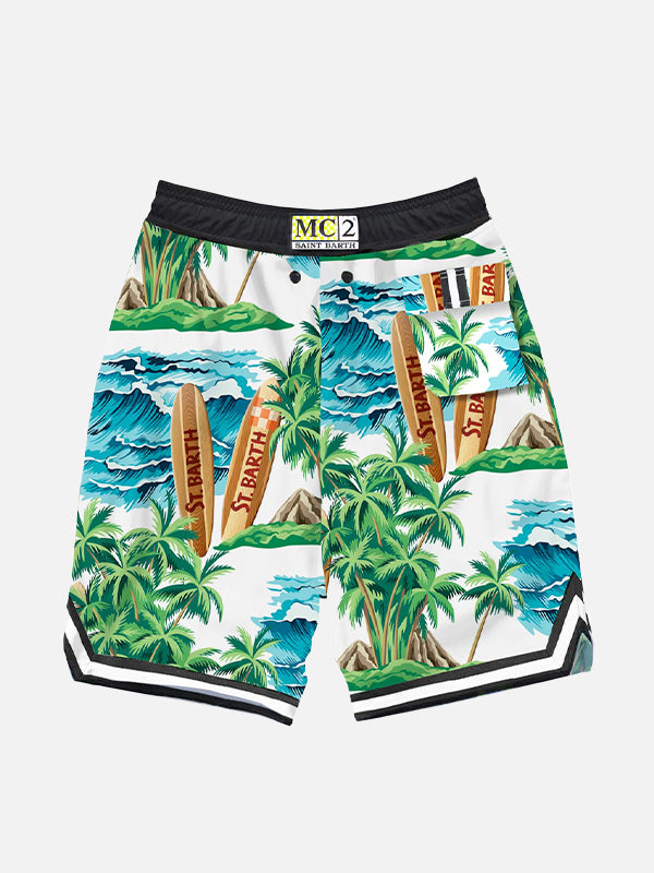 Jungen-Badeshorts im Surf-Stil mit hawaiianischem Aufdruck