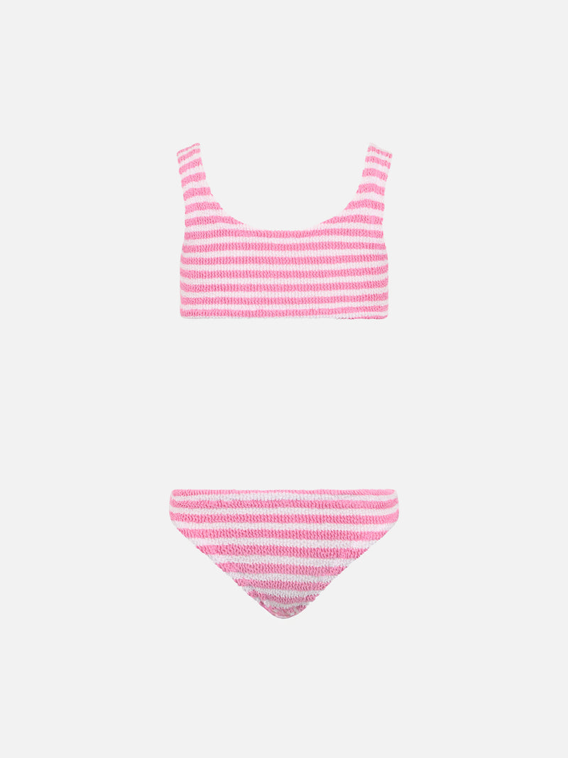 Bikini classico crinkle da bambina a righe rosa Baker