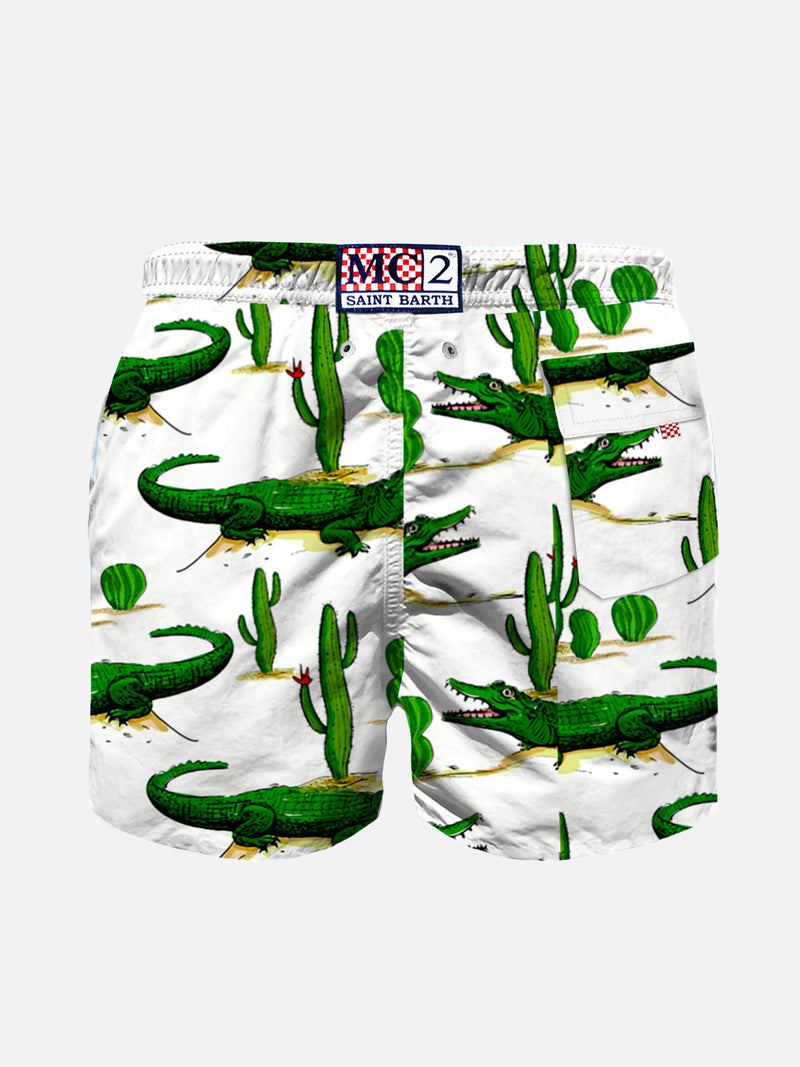 Boy swim shorts with crocodile and cactus print