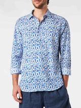 Man muslin cotton Sikelia shirt with blue leaves print