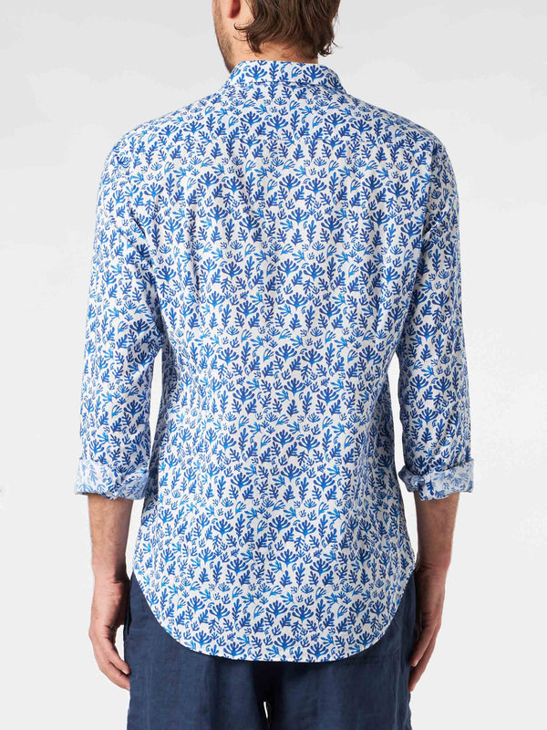 Man muslin cotton Sikelia shirt with blue leaves print