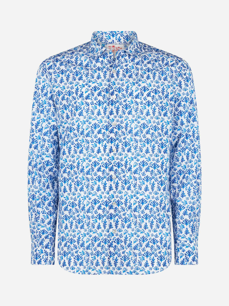 Man muslin cotton Sikelia shirt with blue leaves print