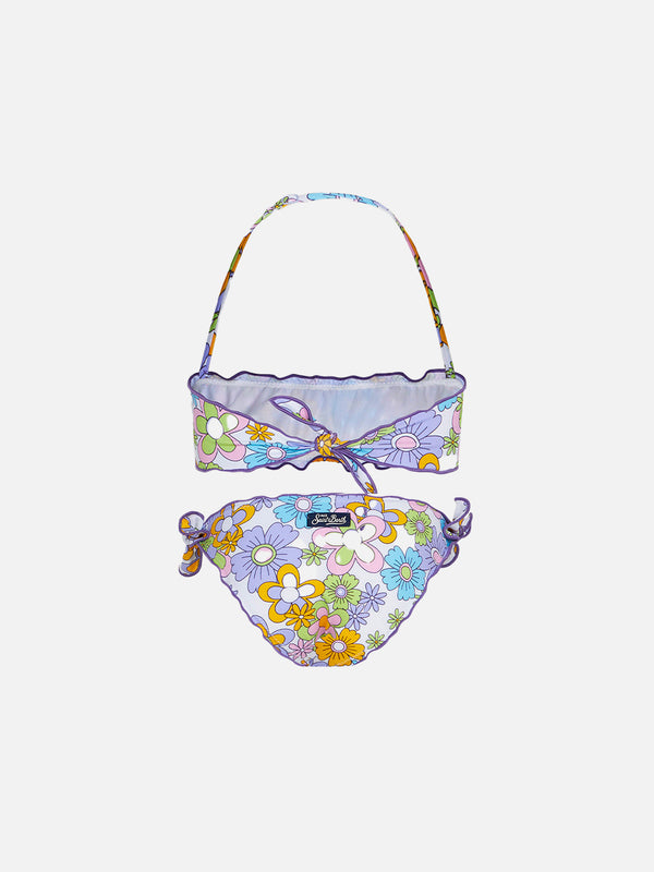 Bikini da bambina a fascia con stampa fiori multicolore