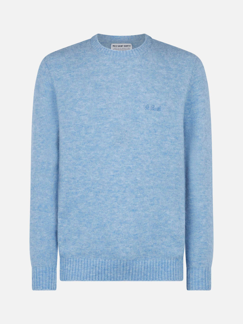 Man light blue stretch wool sweater with St. Barth embroidery