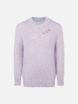 Girl crewneck lilac soft sweater with St. Barth embroidery