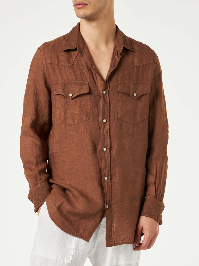 Man brown linen shirt