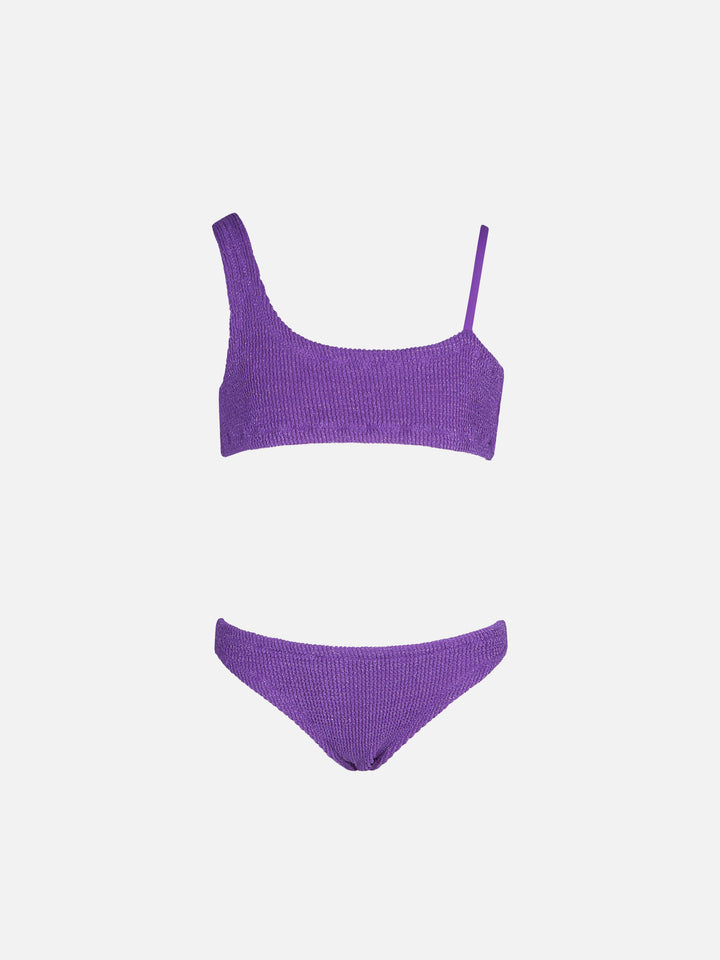 One-Shoulder-Bikini aus lilafarbenem Lurex für Mädchen in Crinkle-Optik
