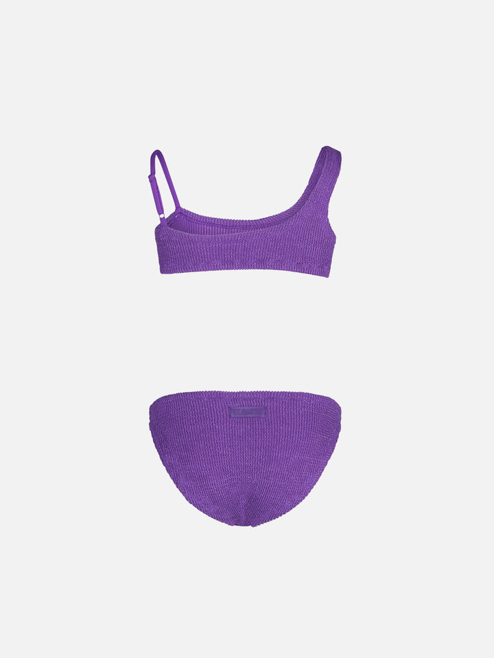 One-Shoulder-Bikini aus lilafarbenem Lurex für Mädchen in Crinkle-Optik