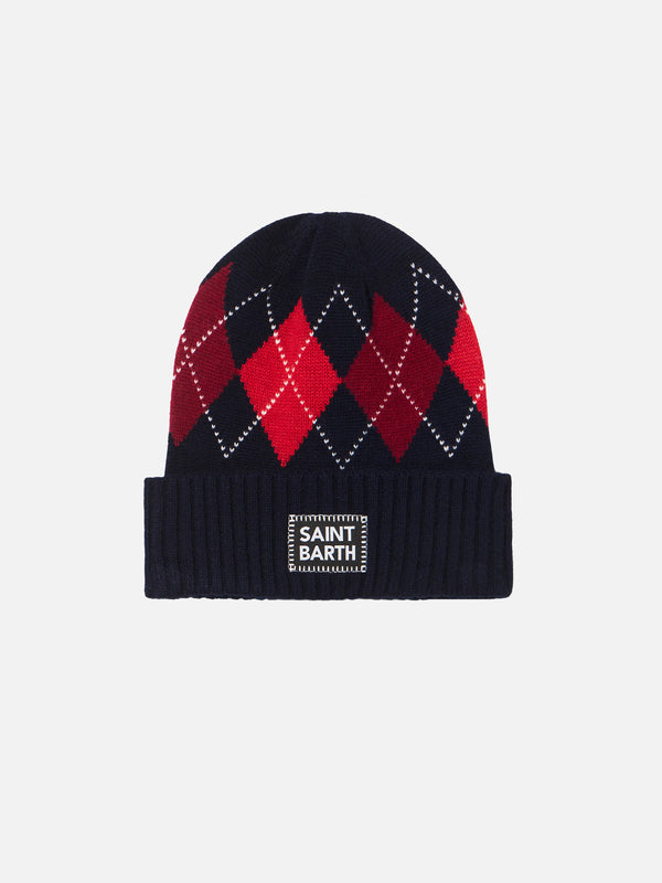 Man blue beanie with argyle print