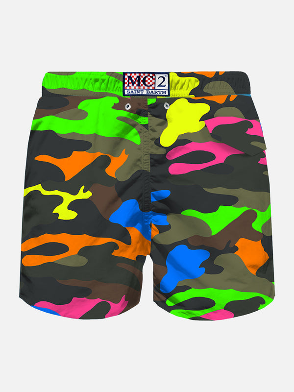 Herren-Badeshorts aus leichtem Stoff mit Fluo-Camouflage-Print