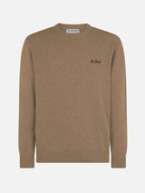 Man crewneck camel lambswool sweater with St. Barth embroidery