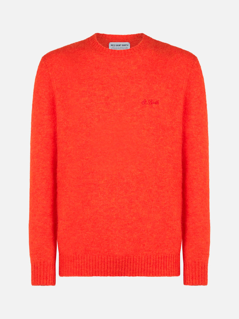 Orangefarbener Stretch-Wollpullover für Herren mit St. Barth-Stickerei