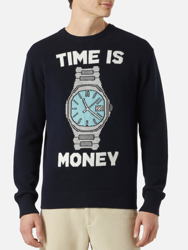 Herrenpullover mit „Time is money“-Stickerei