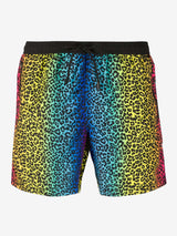 Badeshorts aus leichtem Stoff mit Animalier-Regenbogenmuster und Reißverschluss