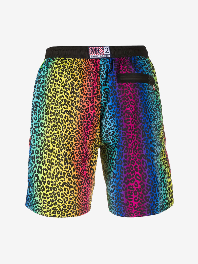 Badeshorts aus leichtem Stoff mit Animalier-Regenbogenmuster und Reißverschluss