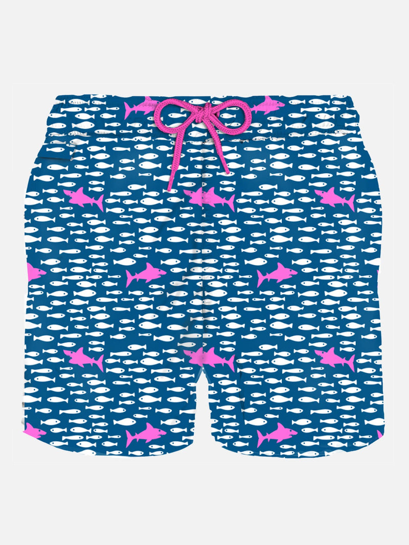 Man light fabric swim shorts with fish and sharks print