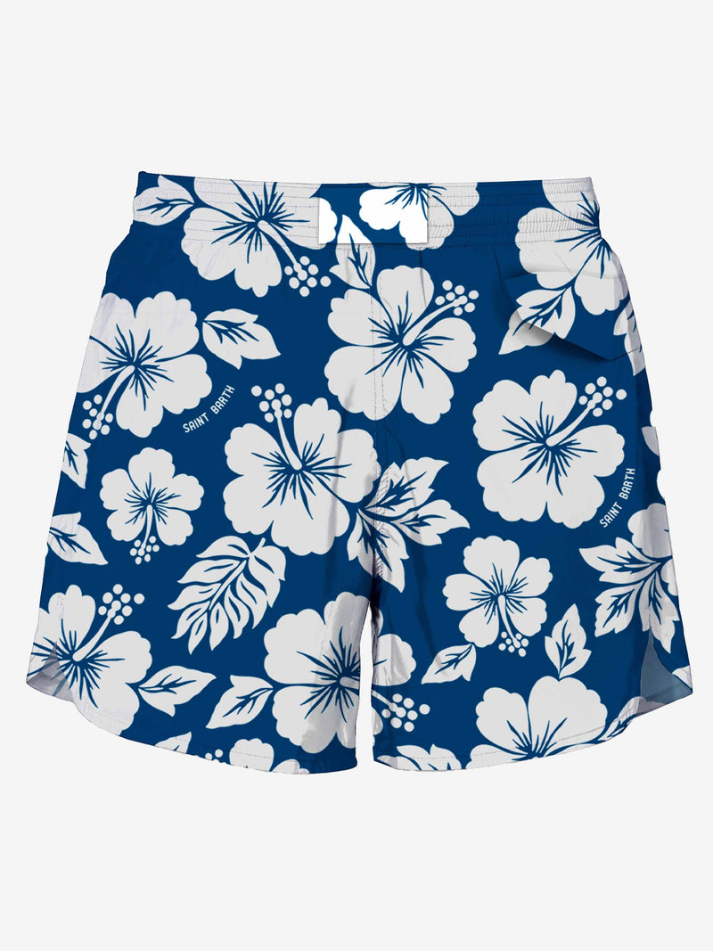 Blaue mittellange Badeshorts mit weißem Blumendruck