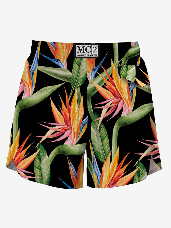 Black Swim Short mid-lenght with flower print