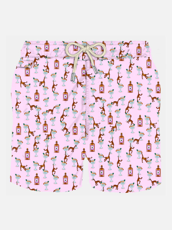 Man light fabric swim shorts with gin and monkey print