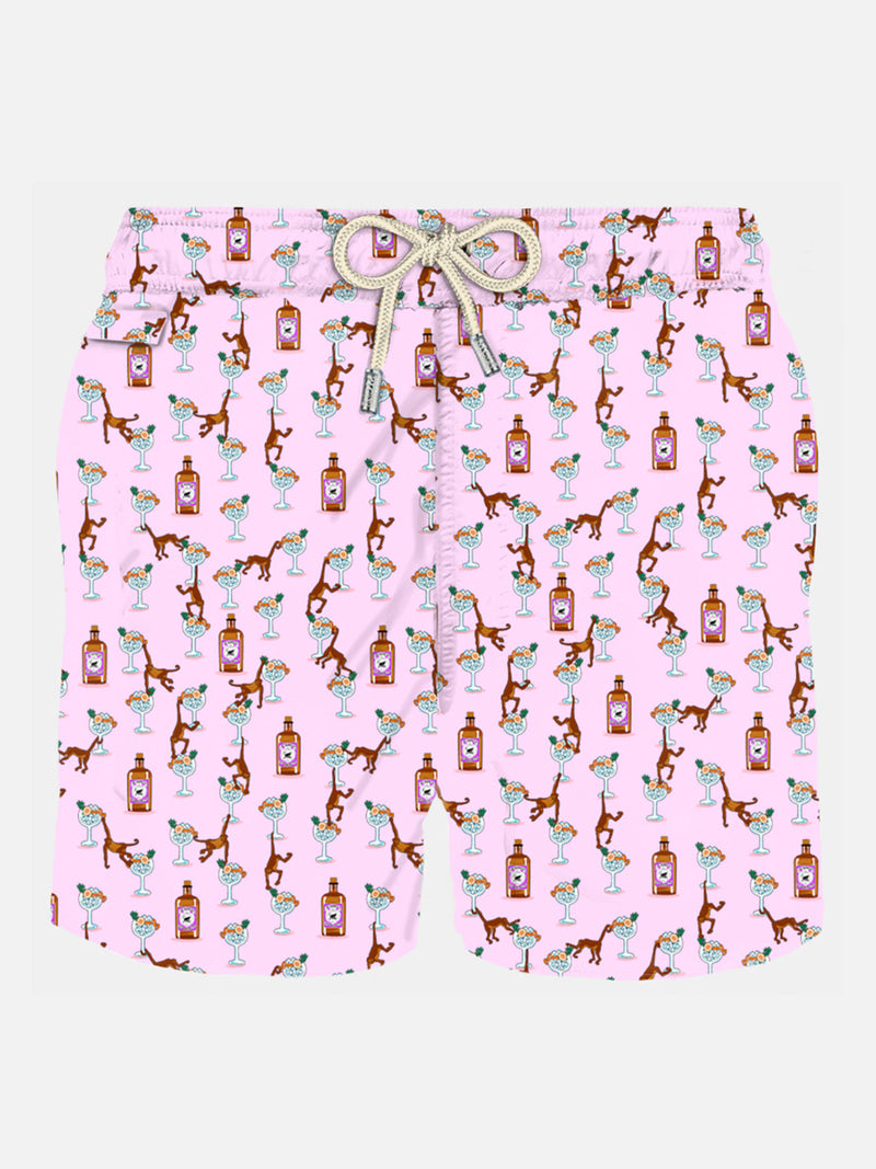 Man light fabric swim shorts with gin and monkey print