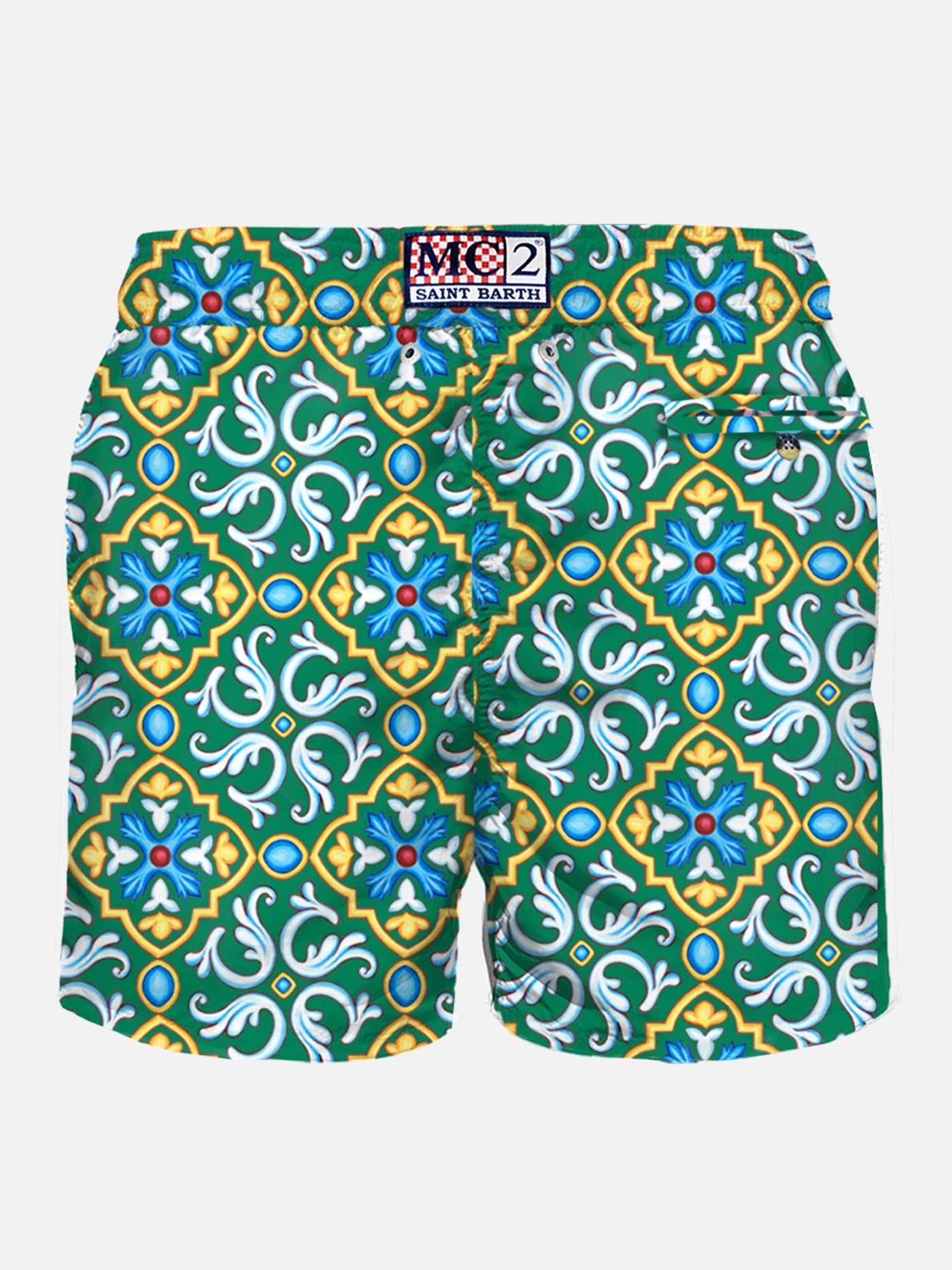 Man light fabric swim shorts with majolica print