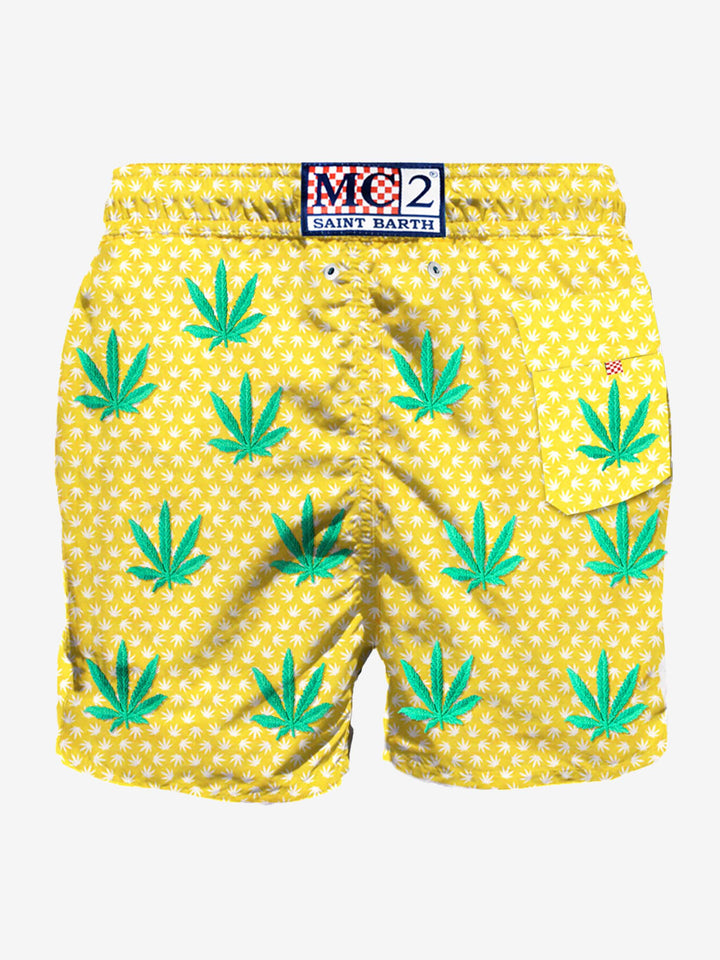 Mittellange Badeshorts mit bestickten Blättern