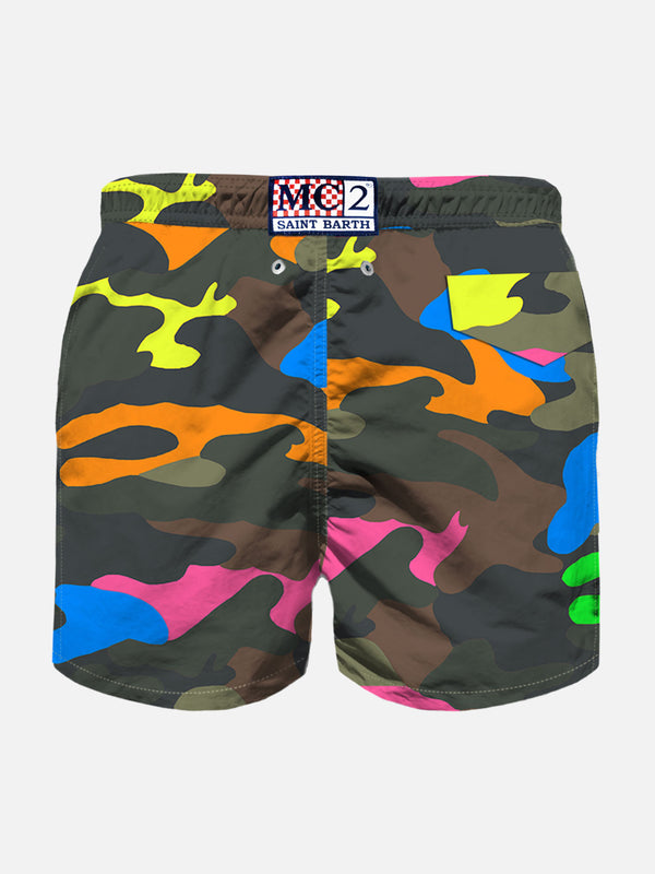 Boy swim shorts with multicolor fluo camouflage print