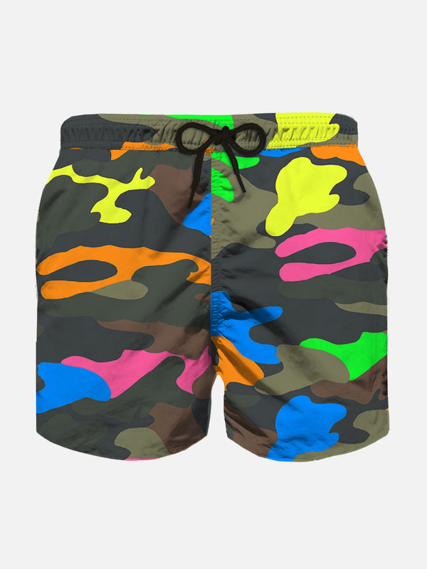 Boy swim shorts with multicolor fluo camouflage print