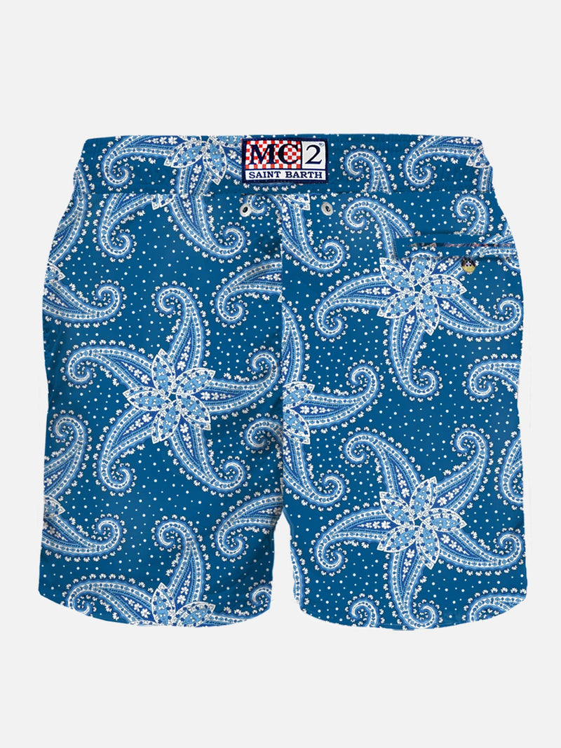 Man light fabric swim shorts with blue paisley print