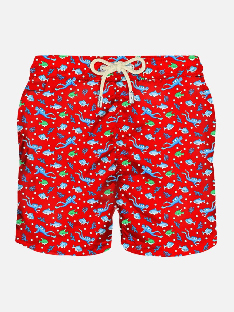 Man light fabric swim shorts with diver print