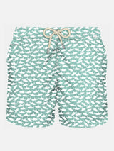 Man light fabric swim shorts with sharks print