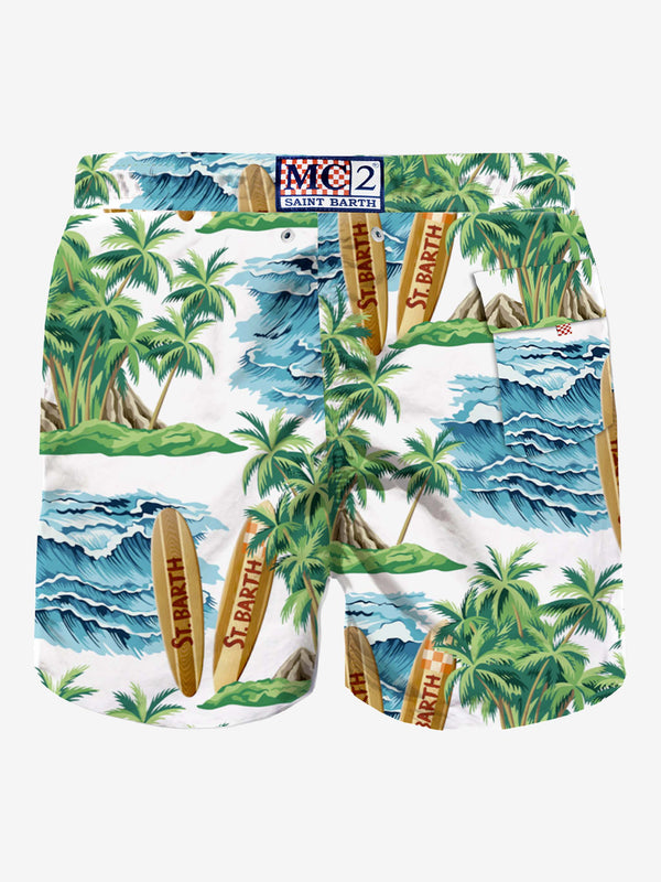 Mid-length swim shorts with hawaiian print